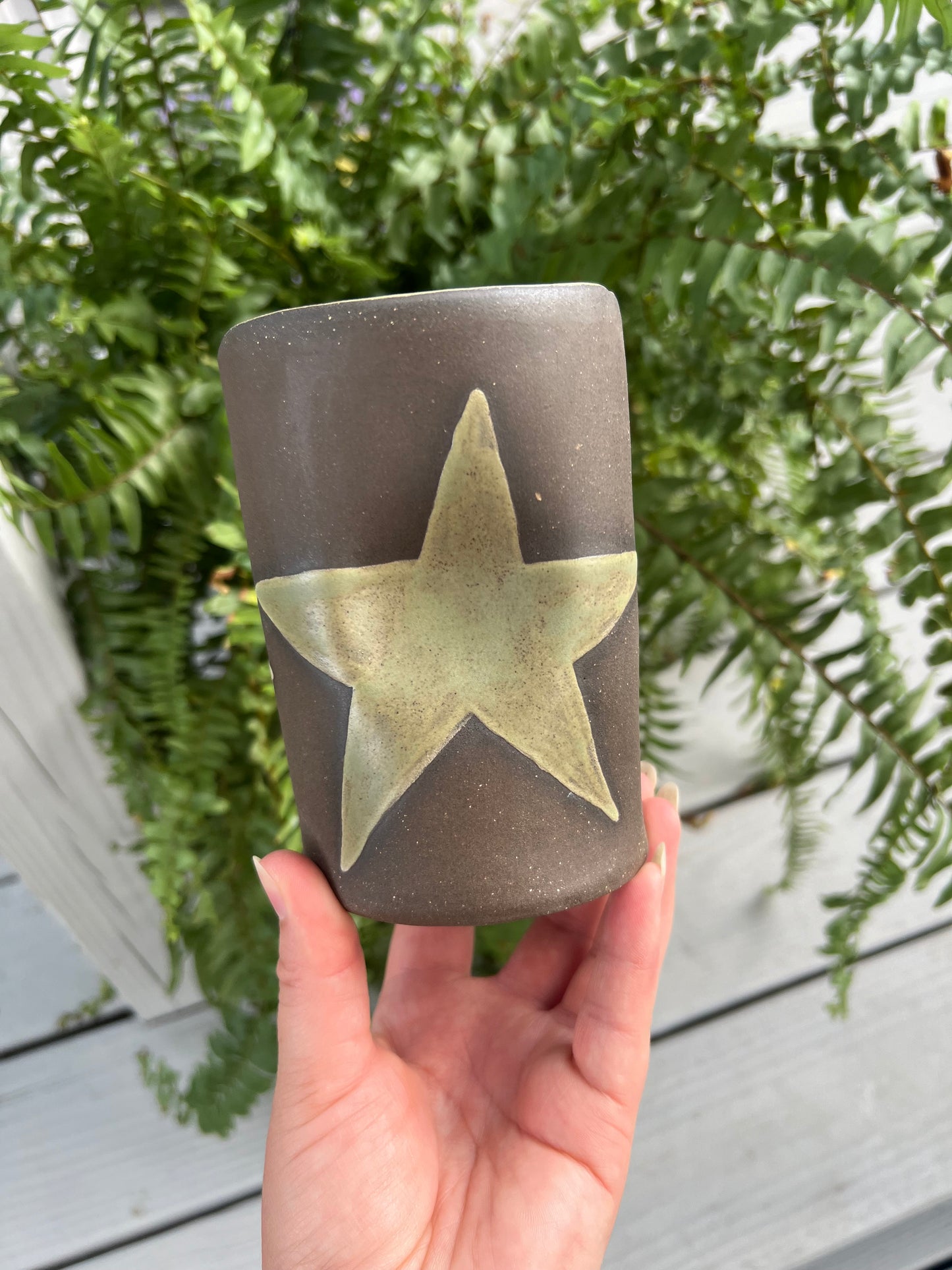 Green Star Mug on Brown Clay