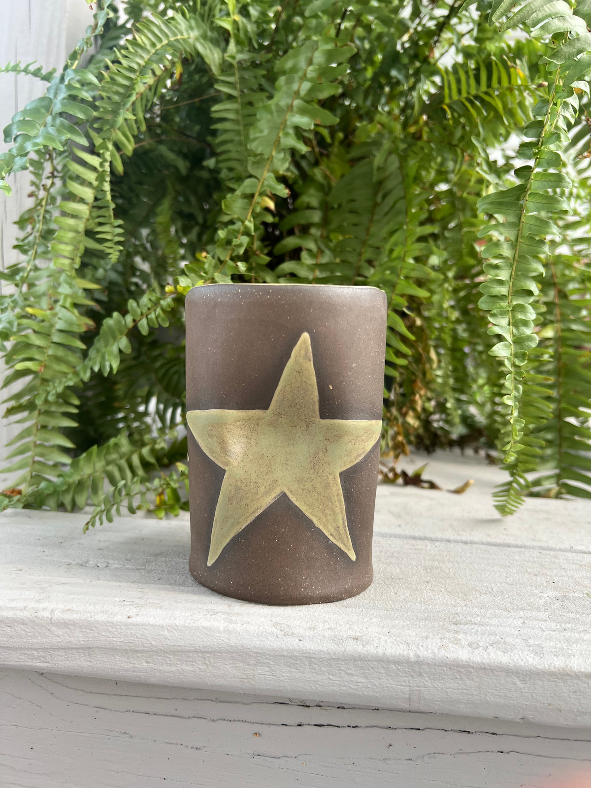 Green Star Mug on Brown Clay